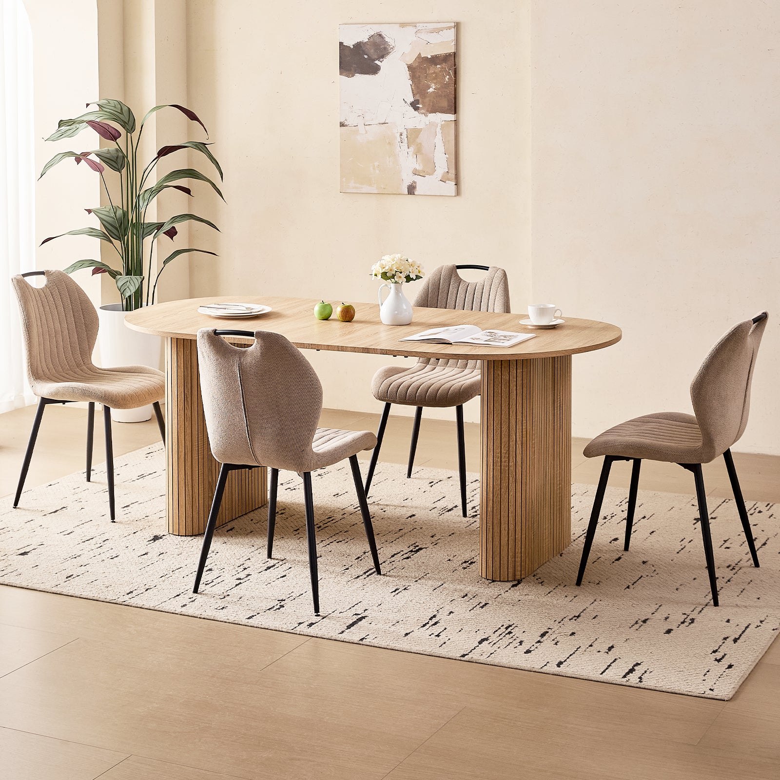 71" Large Dining Table Set for 4, Rounded Corners Farmhouse Modern Rectangle Wood Kitchen Table with Fabric Wingback Dining Chairs for Living Room Apartment Waiting Room