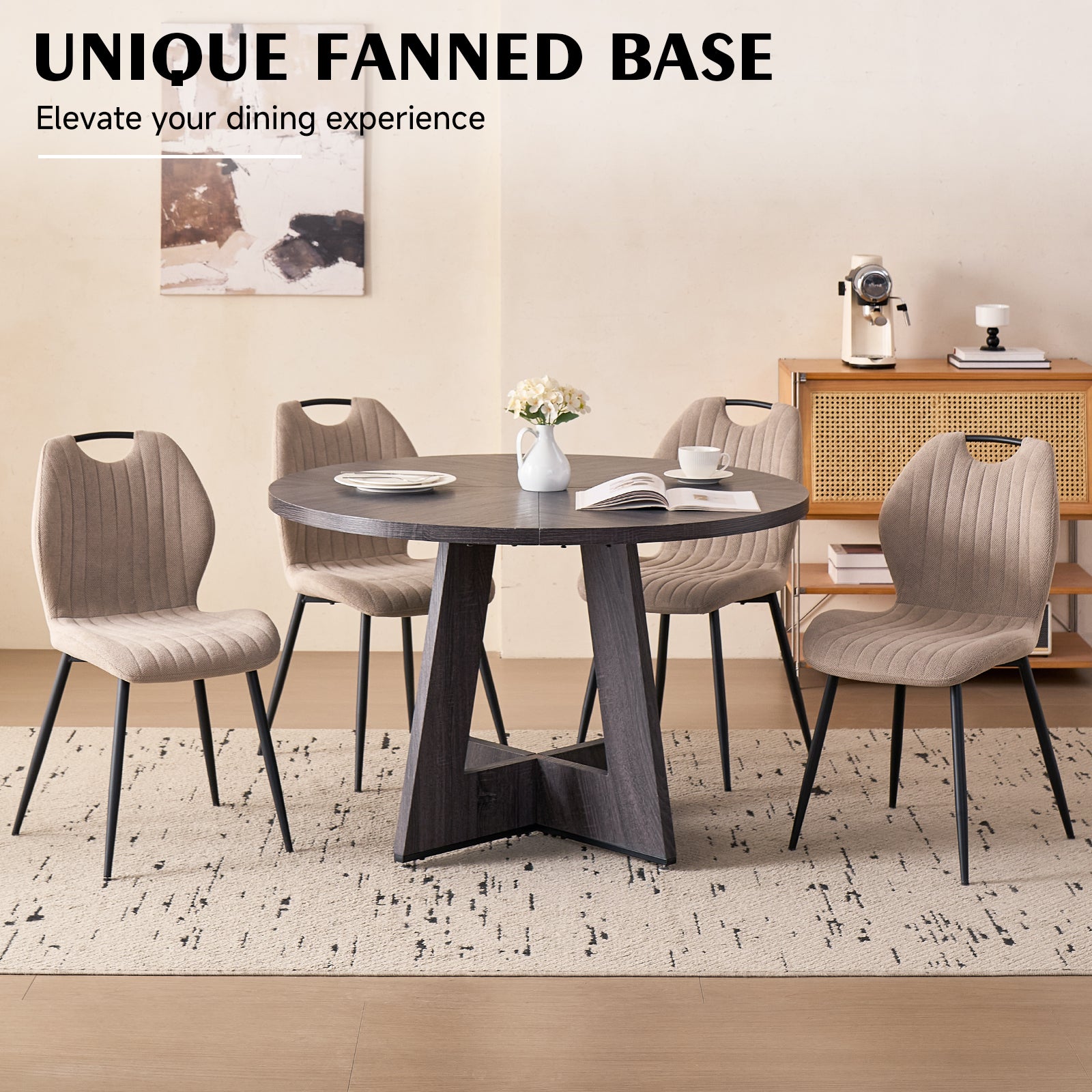 5 Piece 47'' Round Dining Table Chairs Set for 4, Farmhouse Kitchen Table with 4 Scandi Mid Century Modern Dinning Room Chairs, Wood Dinner Table &Upholstered Fabric Chairs Set of 4, Khaki