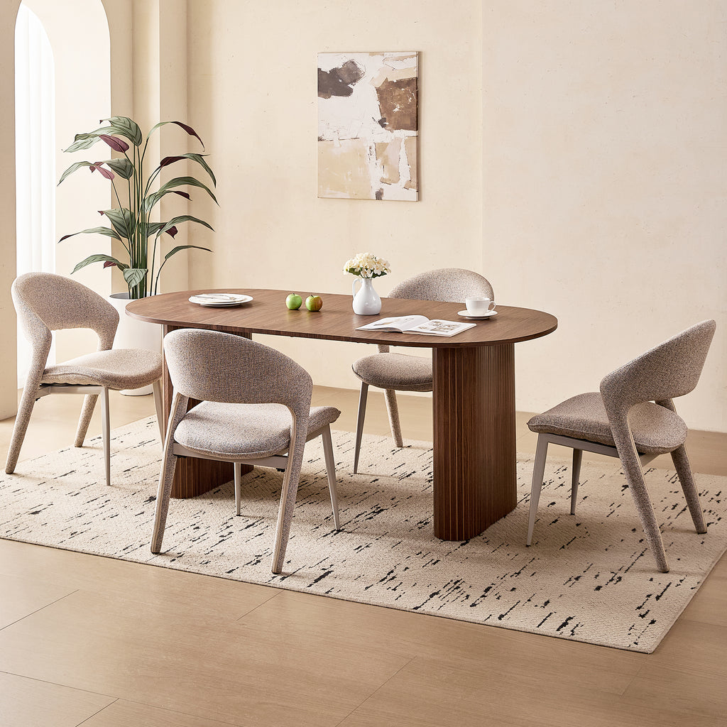 71" Brown Large Dining Table Set for 4 Modern Kitchen Table with Brown Linen Upholstered Kitchen Chairs Set of 4