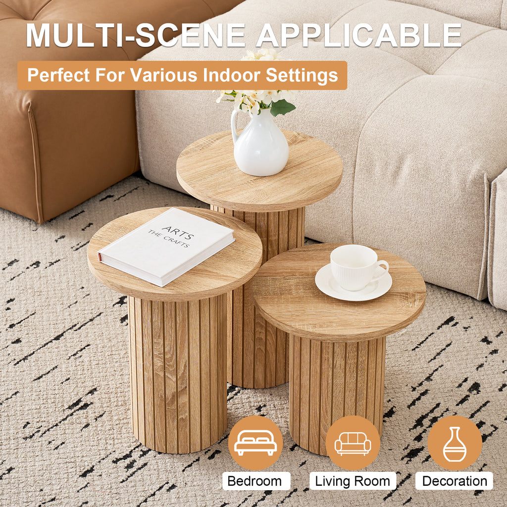 3-Piece Nesting Coffee Table Set, Modern Small Round Wood Side Tables, Fluted Drum Base, for Living Room, Bedroom, Apartment, Small Space, Sofa, Natural