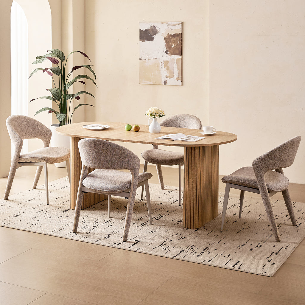 71" Natural Large Dining Table Set for 4 Modern Kitchen Table with Brown Linen Upholstered Kitchen Chairs Set of 4