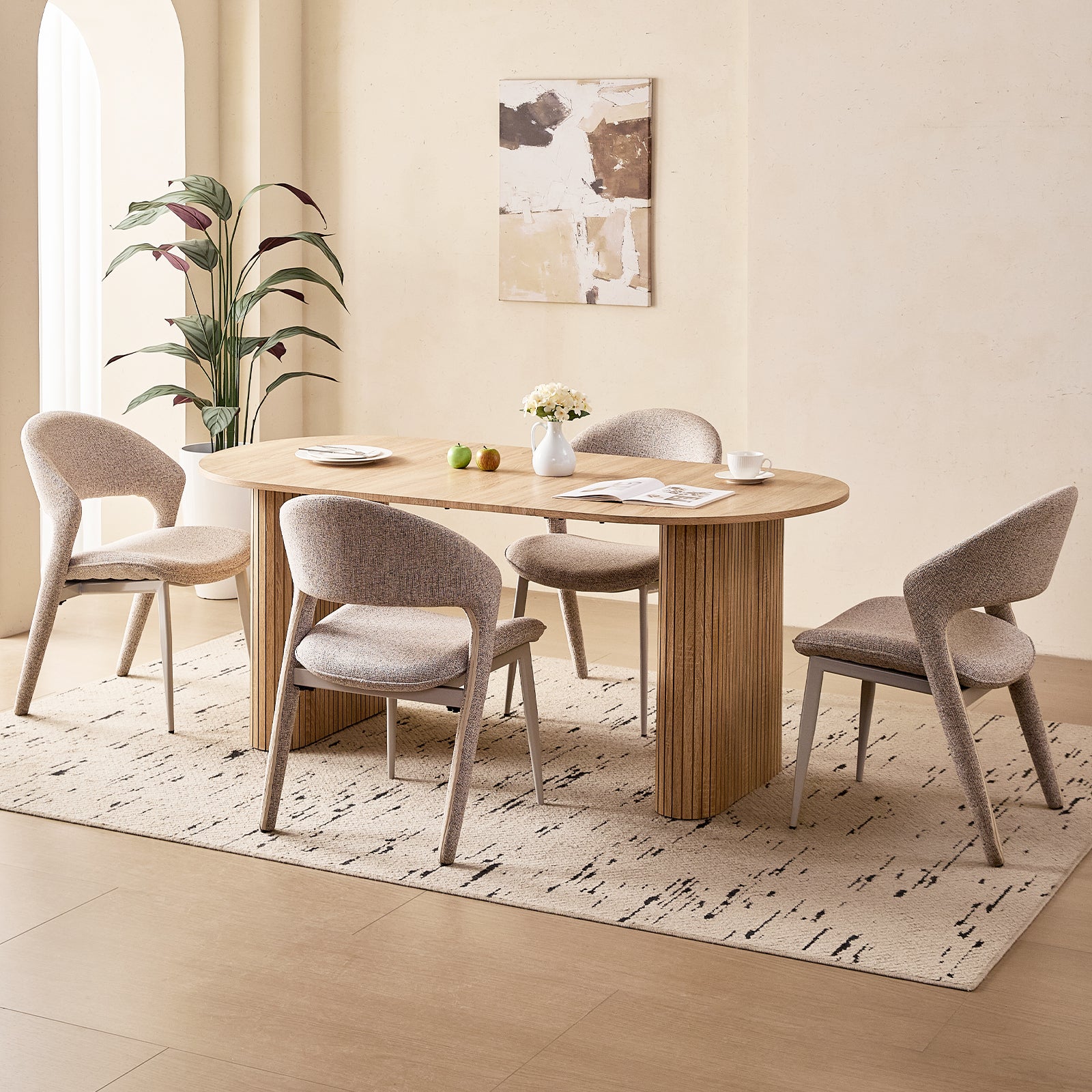 71" Natural Large Dining Table Set for 4 Modern Kitchen Table with Brown Linen Upholstered Kitchen Chairs Set of 4