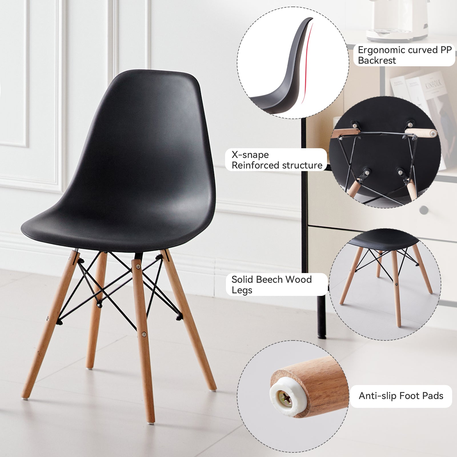 5 Piece 31.5'' Round Dining Table Set for 4, Kitchen Table & Chairs Set of 4, Mid-Century Modern Table W/ 4 Chairs for Home, Living Room, Apartment, Wood Legs, Metal Frame, Black