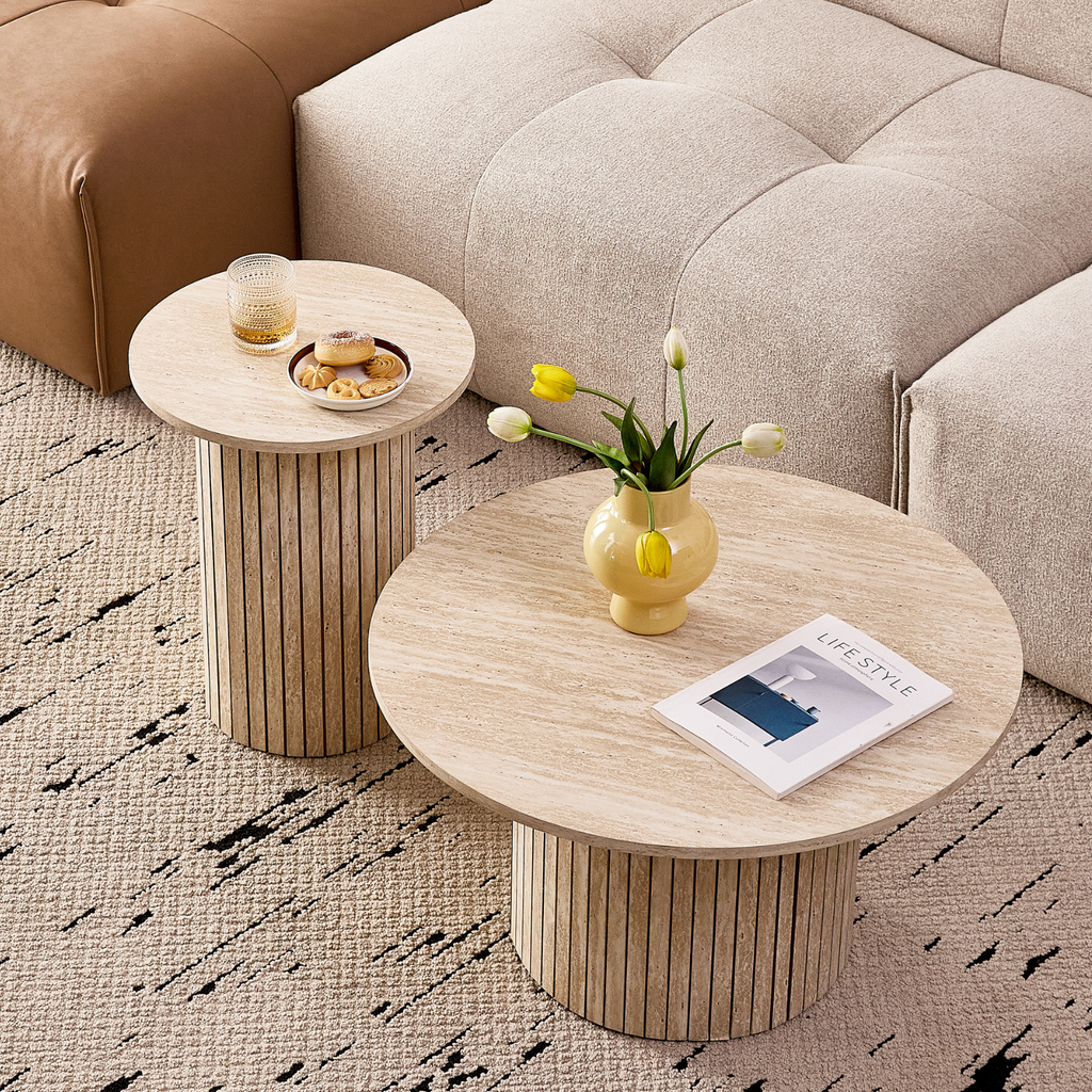 Round Nesting Coffee Tables Set of 2, Boho Wood Circle Side Table Fluted Drum, Farmhouse End Table for Living Room Bedroom, Apartment, Stone-patterned