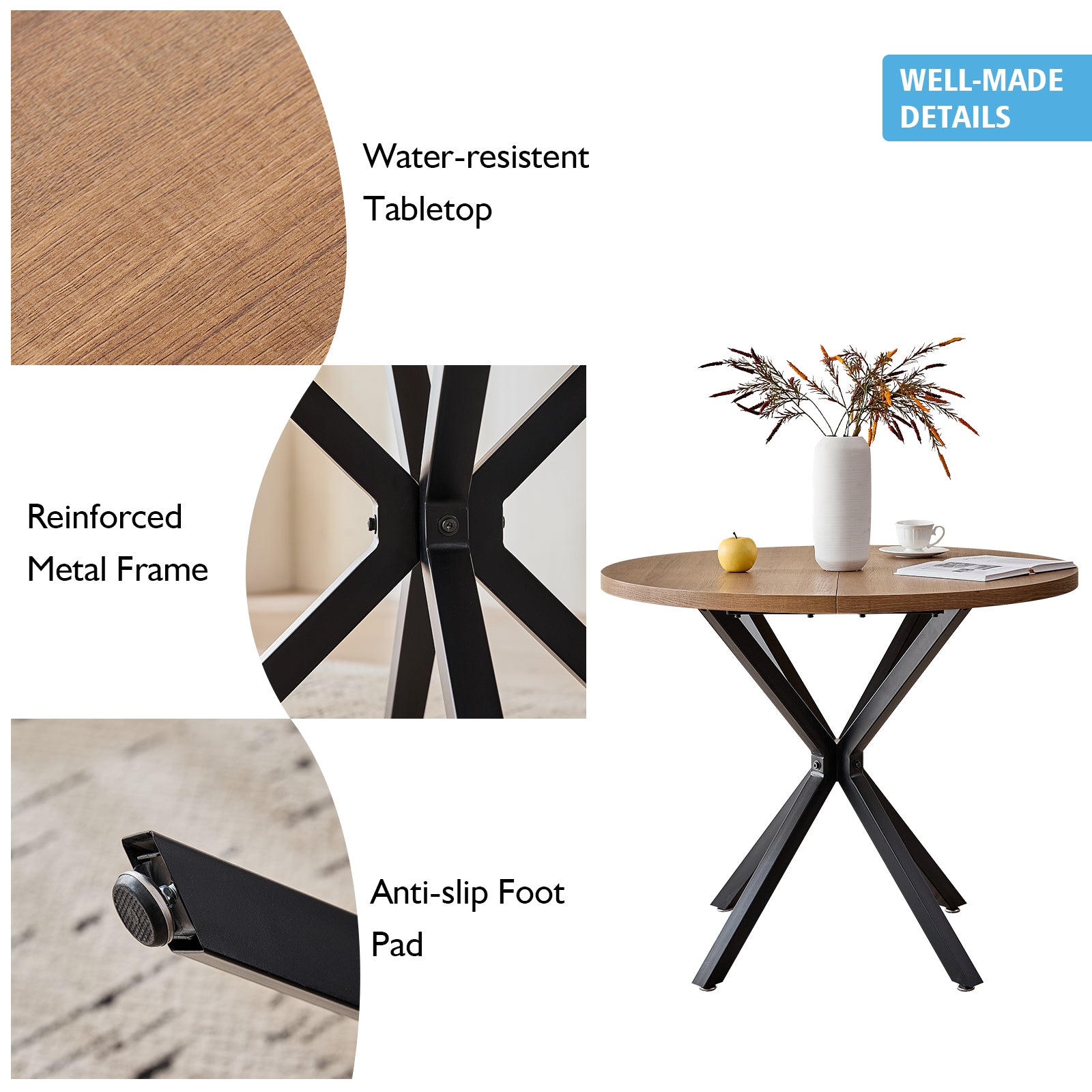 39" Round Dining Table Set for 4, Mid Century Kitchen Table with 4 Brown Upholstered Dining Chairs for Apartment Living Room Space Saving,Brown Table