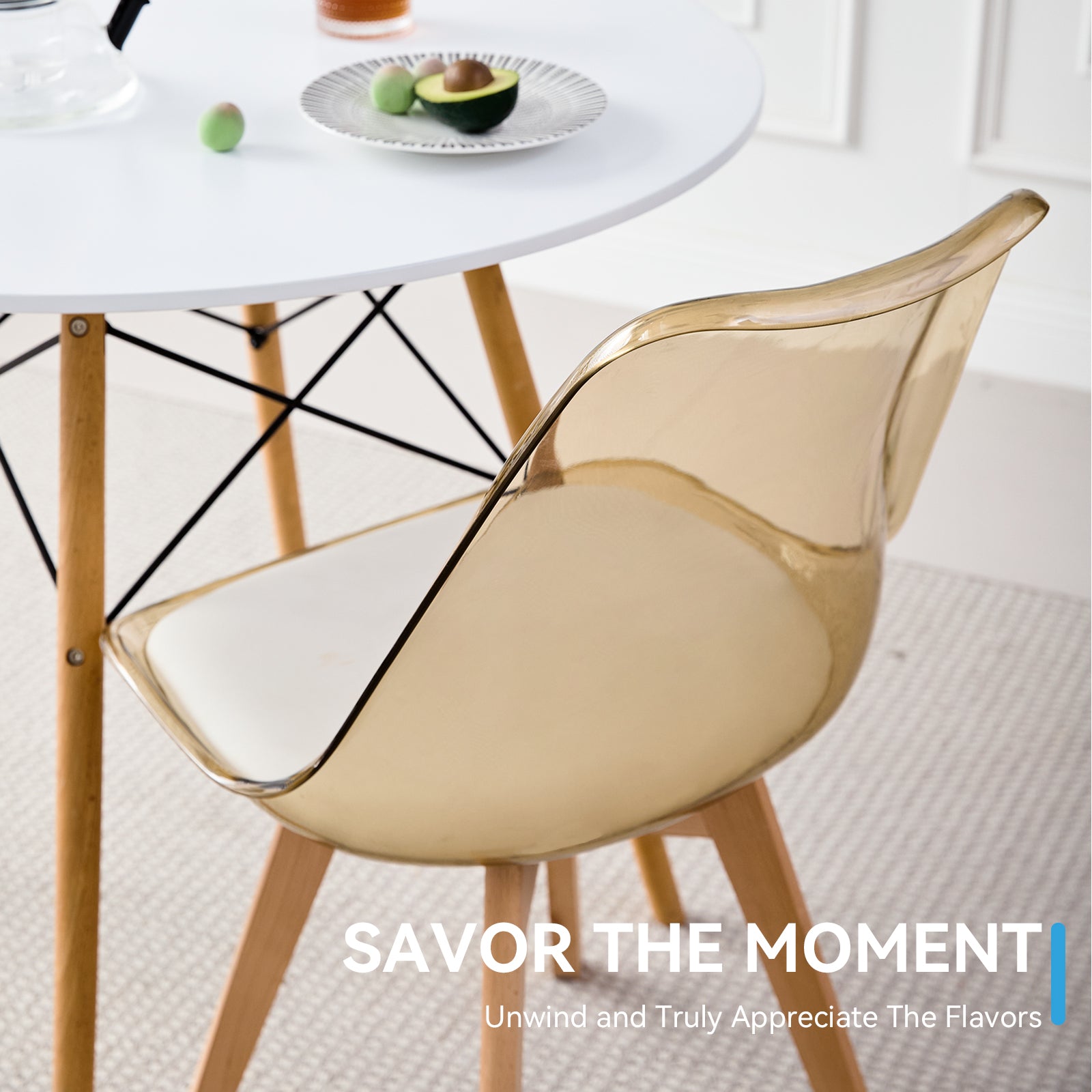 5 Piece Round Dining Table Set for 4, 35.5" Kitchen Table with 4 Clear Brown Acrylic Chairs for Restaurant Bedroom Living Room, Space Saving White Table Chair Set of 4