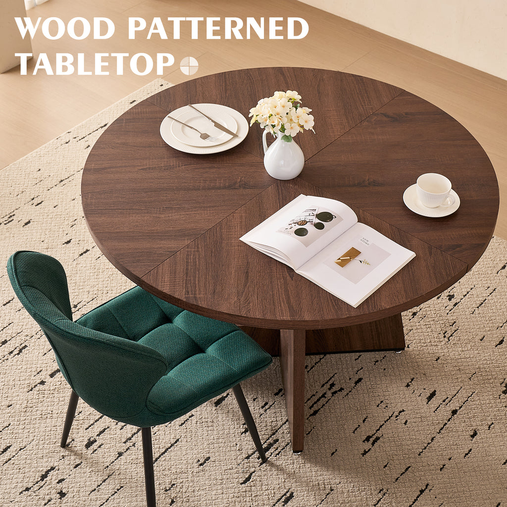 5 Piece 47'' Round Dining Table Chairs Set for 4, Farmhouse Walnut Kitchen Table and Chairs Mid Century Modern Wood Dining Table with 4 Water-Resistant Fabric Dining Chairs, Green