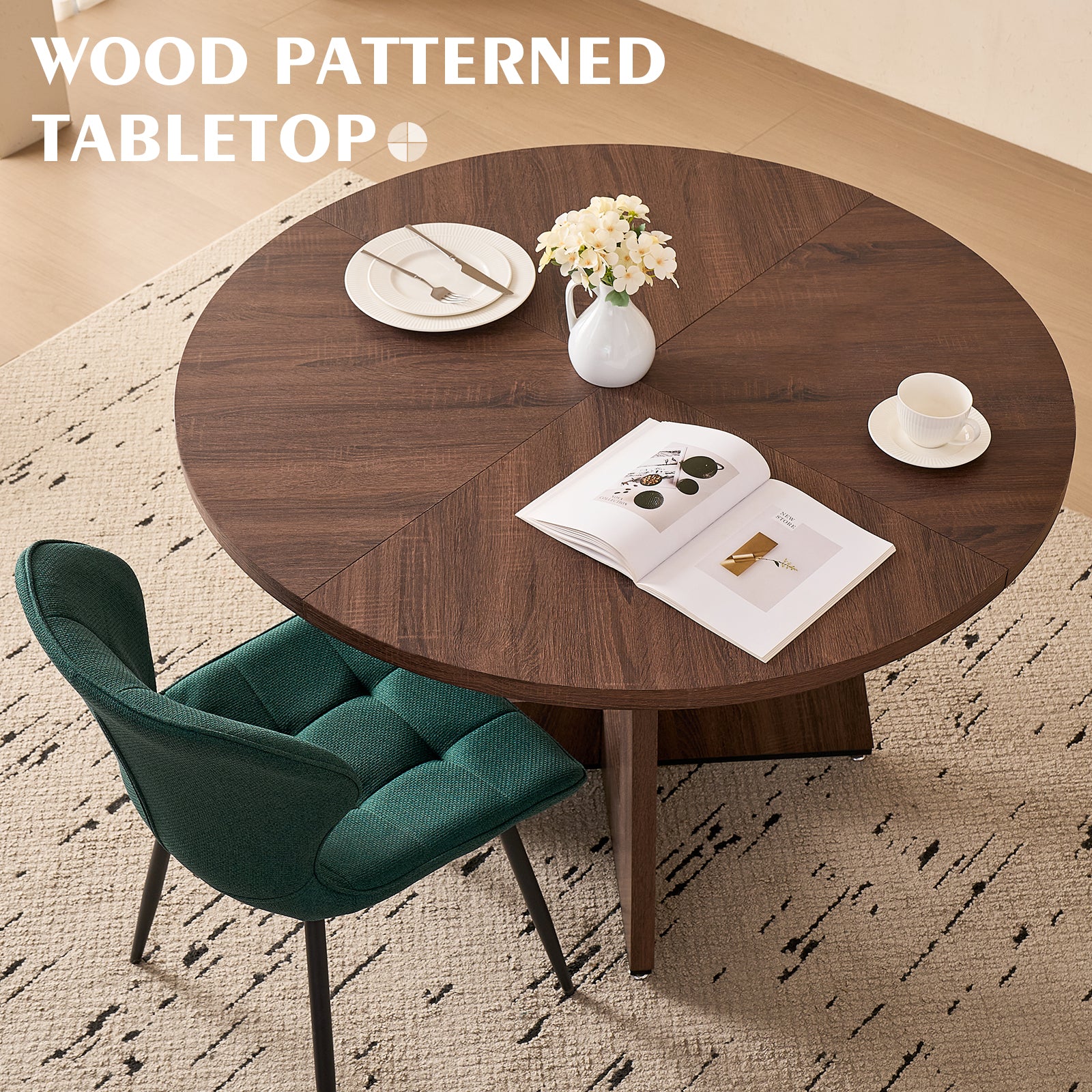 5 Piece 47'' Round Dining Table Chairs Set for 4, Farmhouse Walnut Kitchen Table and Chairs Mid Century Modern Wood Dining Table with 4 Water-Resistant Fabric Dining Chairs, Green