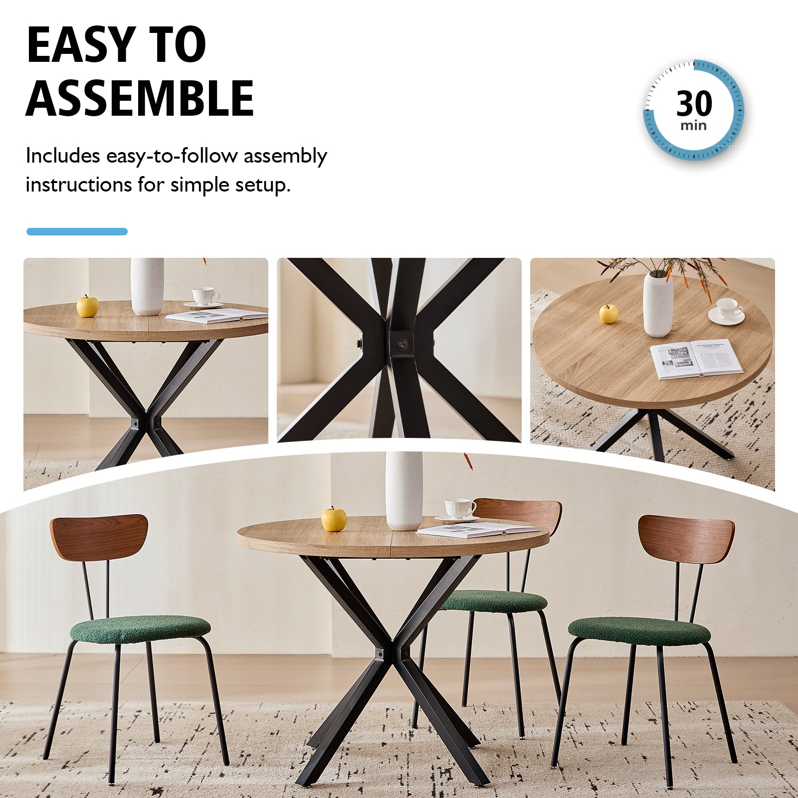 39" Round Dining Table Set for 4, Mid Century Kitchen Table with 4 Stackable Dining Chairs for Apartment Living Room Space Saving, Green