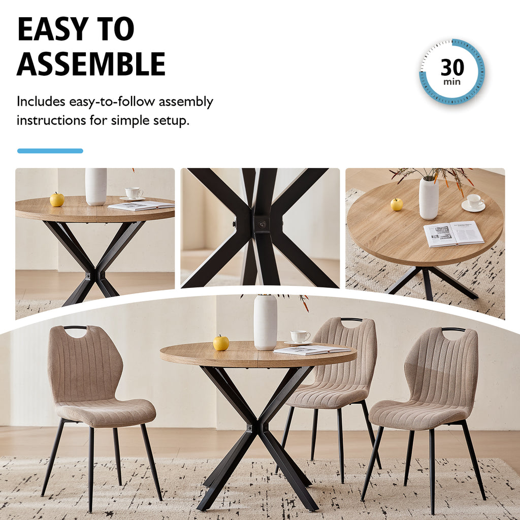 5 Piece 39" Round Dining Table Set for 4, Mid Century Kitchen Table with 4 Khaki Fabric Upholstered Dining Chairs for Apartment Living Room, Space Saving Table.