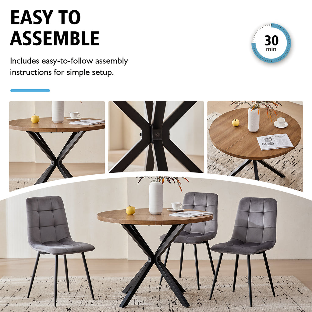 5 Pieces Round Dining Table Set - Mid-Century Brown Dining Table with 4 Gray Velvet Chairs Set, Coffee Table & Chairs with Black Metal Legs for Kitchen Dining Room, Apartment