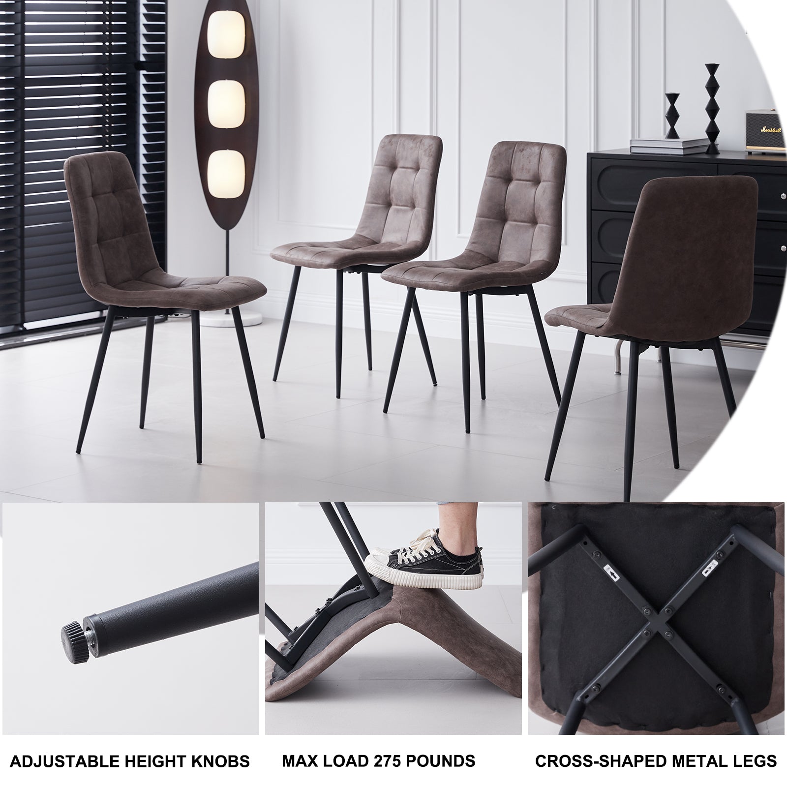 5 Piece Round Dining Table Set - Mid-Century 47 inch Oak Dining Table with 4 Brown Faux Leather Chairs Set, Dinner Table & Chair with Metal Legs for Kitchen Dining Room, Apartment, Bedroom