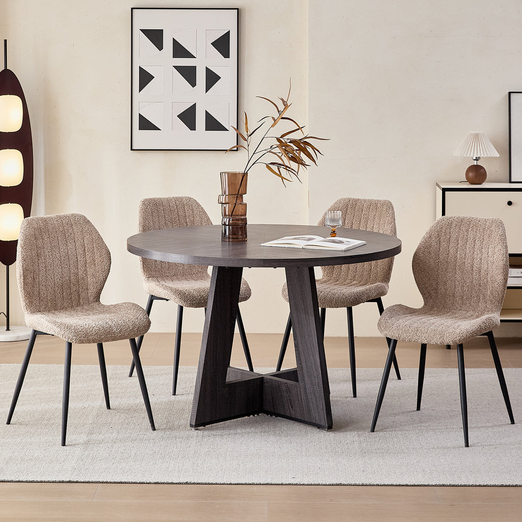 5 Piece 47'' Round Dining Table Chairs Set for 4, Farmhouse Gray Kitchen Table with 4 Boucle Mid Century Modern Dinning Room Chairs, Wood Dinner Table &Upholstered Chair Set of 4, Brown