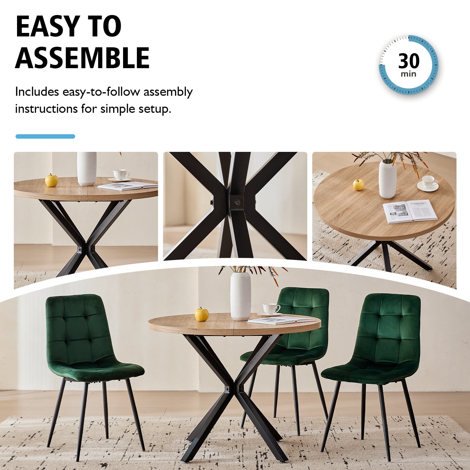 39" Round Dining Table Set for 4, Mid Century Kitchen Table with 4 Green Velvet Upholstered Dining Chairs for Apartment Living Room Space Saving