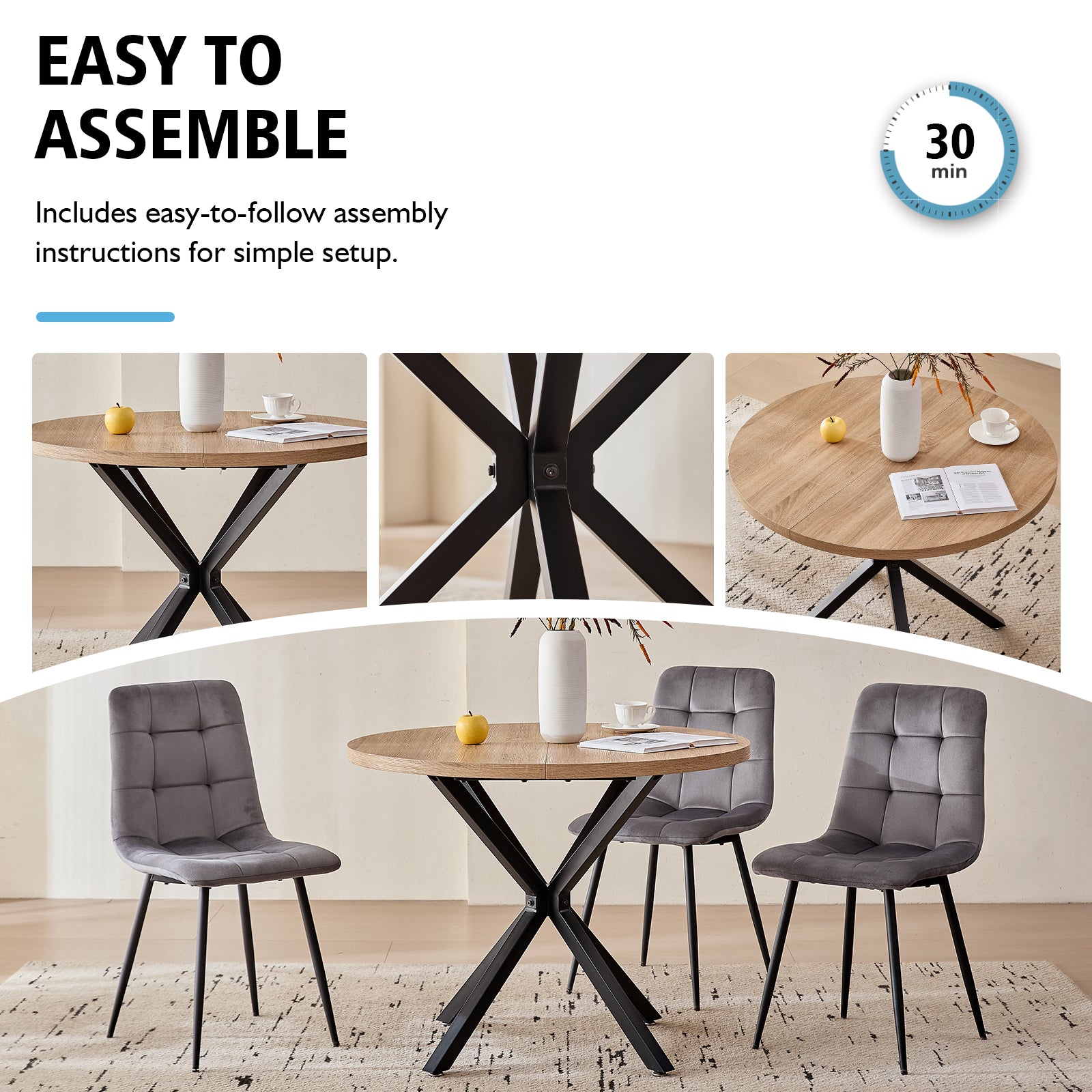 39" Round Dining Table Set for 4, Mid Century Kitchen Table with 4 Grey Velvet Upholstered Dining Chairs for Apartment Living Room Space Saving