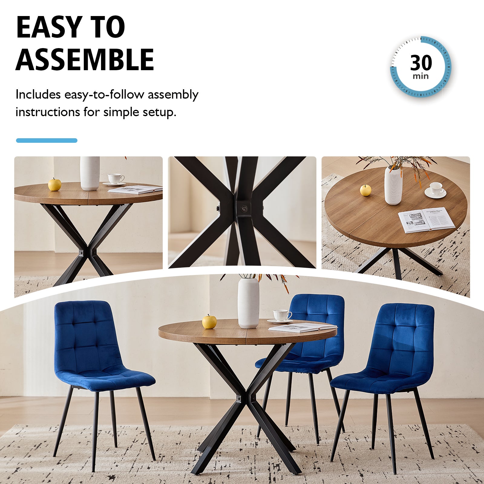5 Piece Round Dining Table Chairs Set for 4 - Mid-Century Modern Brown Kitchen Table with 4 Blue Velvet Chairs, Coffee Table & Chair with Black Metal Legs for Dining Living Room, Apartment