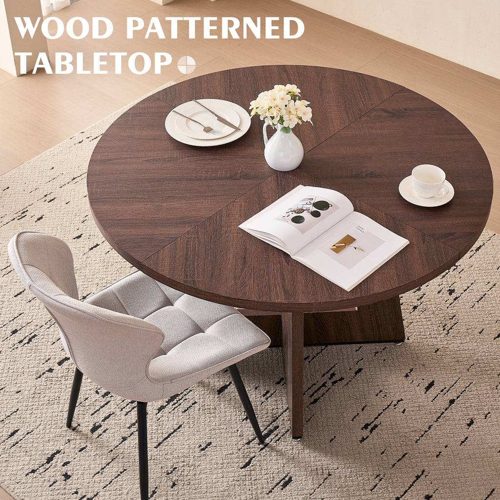 5 Piece 47'' Round Dining Table Chairs Set for 4, Farmhouse Walnut Kitchen Table and Chairs Mid Century Modern Wood Dining Table with 4 Water-Resistant Fabric Dining Chairs, White