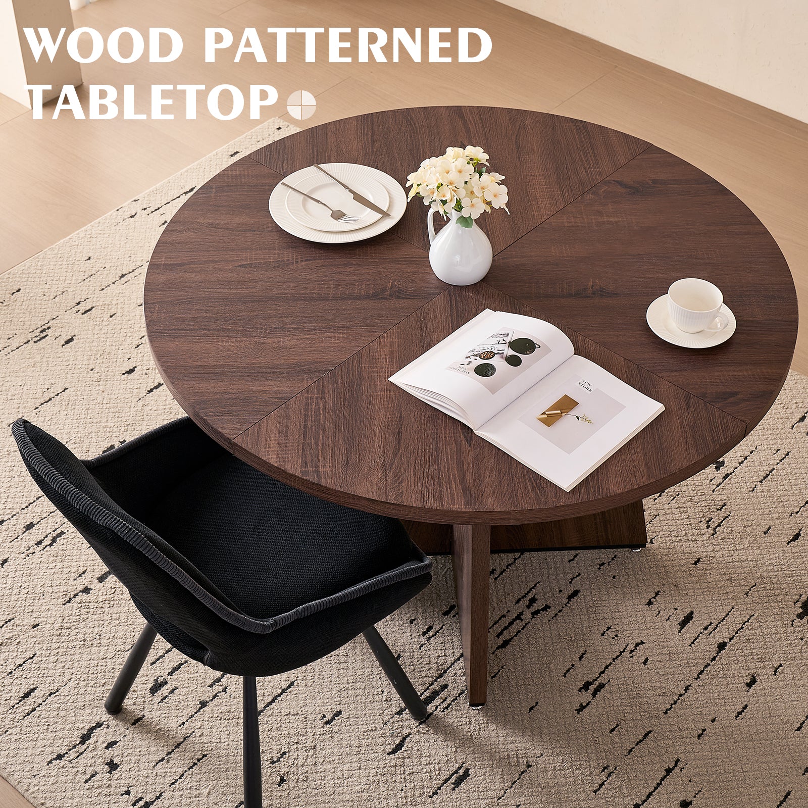 5 Piece 47" Round Dining Table Set for 4, [Fanned Base] [1.38" Thick Top] Wood Kitchen Table with 4 Swivel Dining Chairs, Black