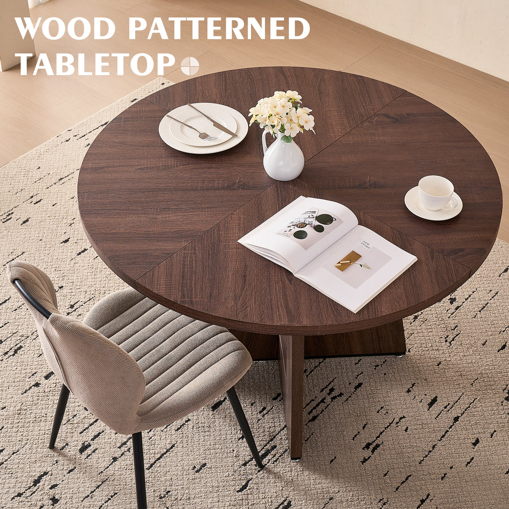 5 Piece 47'' Round Dining Table Chairs Set for 4, Farmhouse Walnut Kitchen Table with 4 Scandi Mid Century Modern Dinning Room Chairs, Wood Dinner Table &Upholstered Fabric Chairs Set of 4, Khaki
