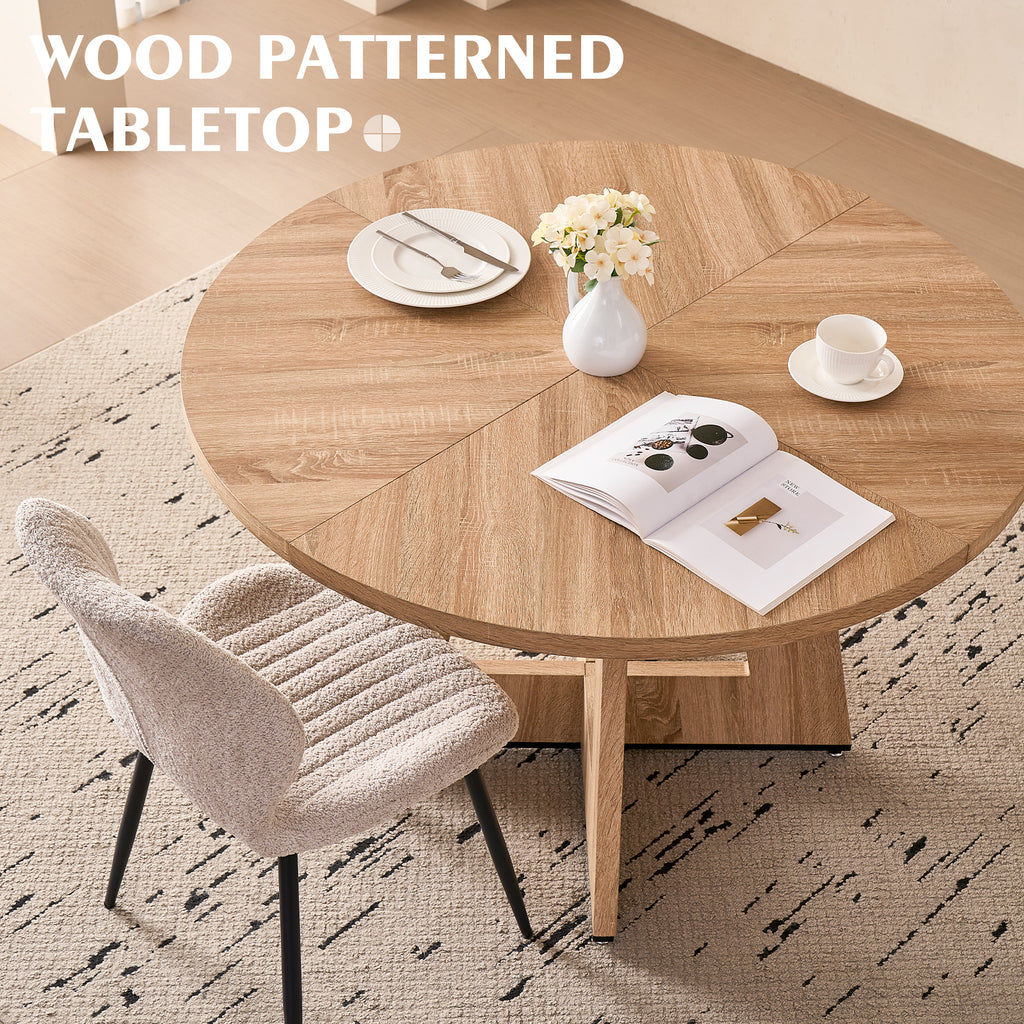 5 Piece 47'' Round Dining Table Chairs Set for 4, Farmhouse Oak Kitchen Table with 4 Boucle Mid Century Modern Dinning Room Chairs, Wood Dinner Table &Upholstered Chair Set of 4, Beige