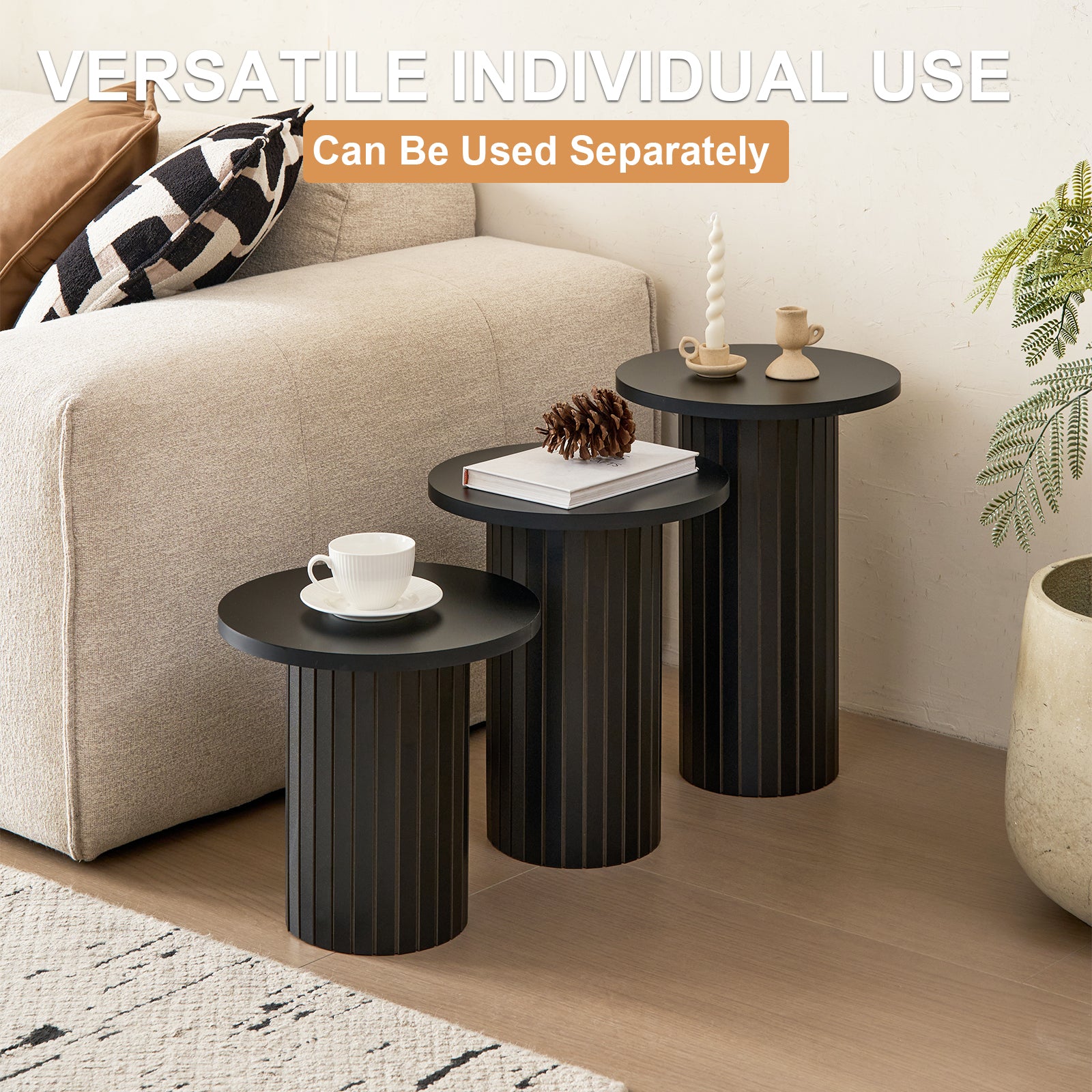 3-Piece Nesting Coffee Table Set, Modern Small Round Wood Side Tables, Fluted Drum Base, for Living Room Bedroom Apartment Small Space, Black