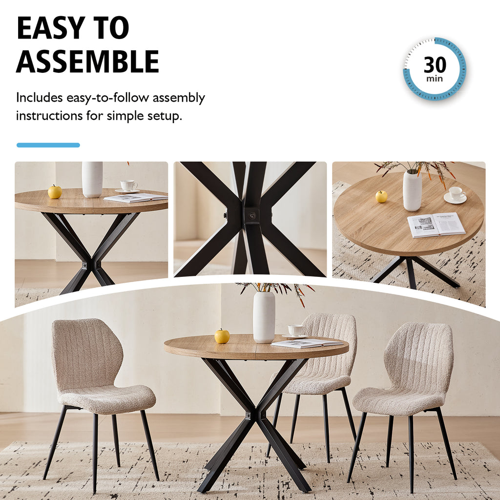 39" Round Dining Table Set for 4, Mid Century Kitchen Table with 4 Beige Upholstered Dining Chairs for Apartment Living Room Space Saving,Natural Table