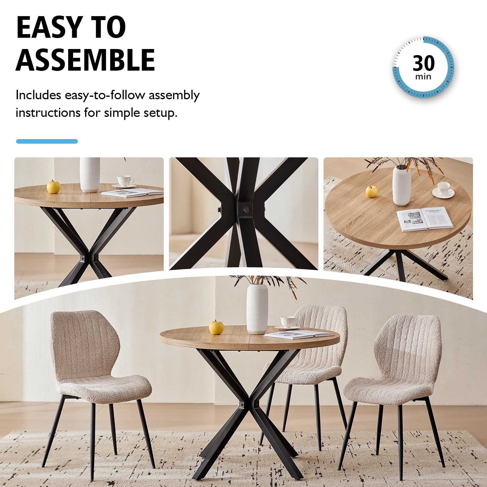 39" Round Dining Table Set for 4, Mid Century Kitchen Table with 4 Beige Upholstered Dining Chairs for Apartment Living Room Space Saving,Natural Table
