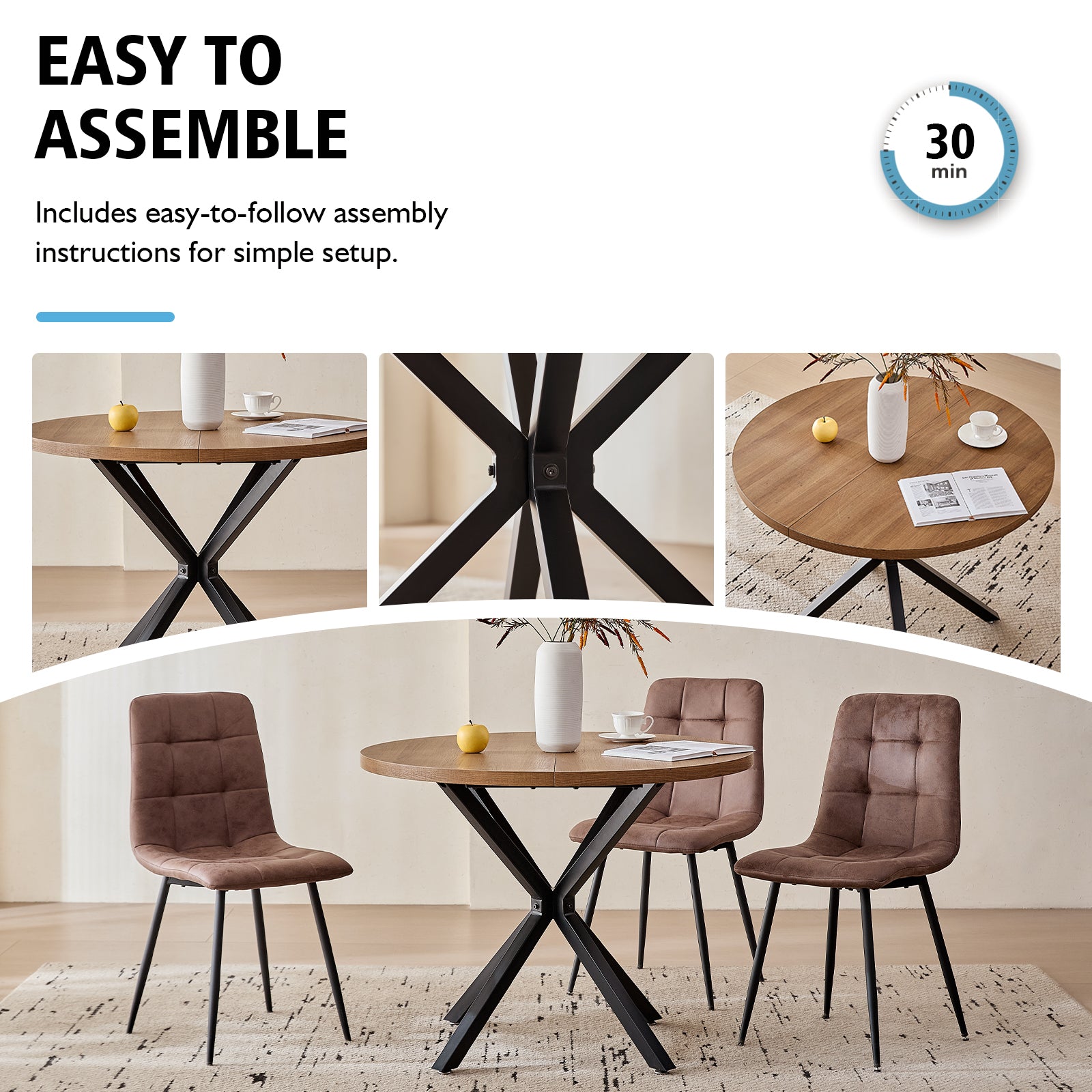 5 Pieces Round Dining Table Set - Mid-Century Brown Dining Table with 4 Brown Faux Leather Chairs Set, Coffee Table & Chairs with Black Metal Legs for Kitchen Dining Room, Apartment