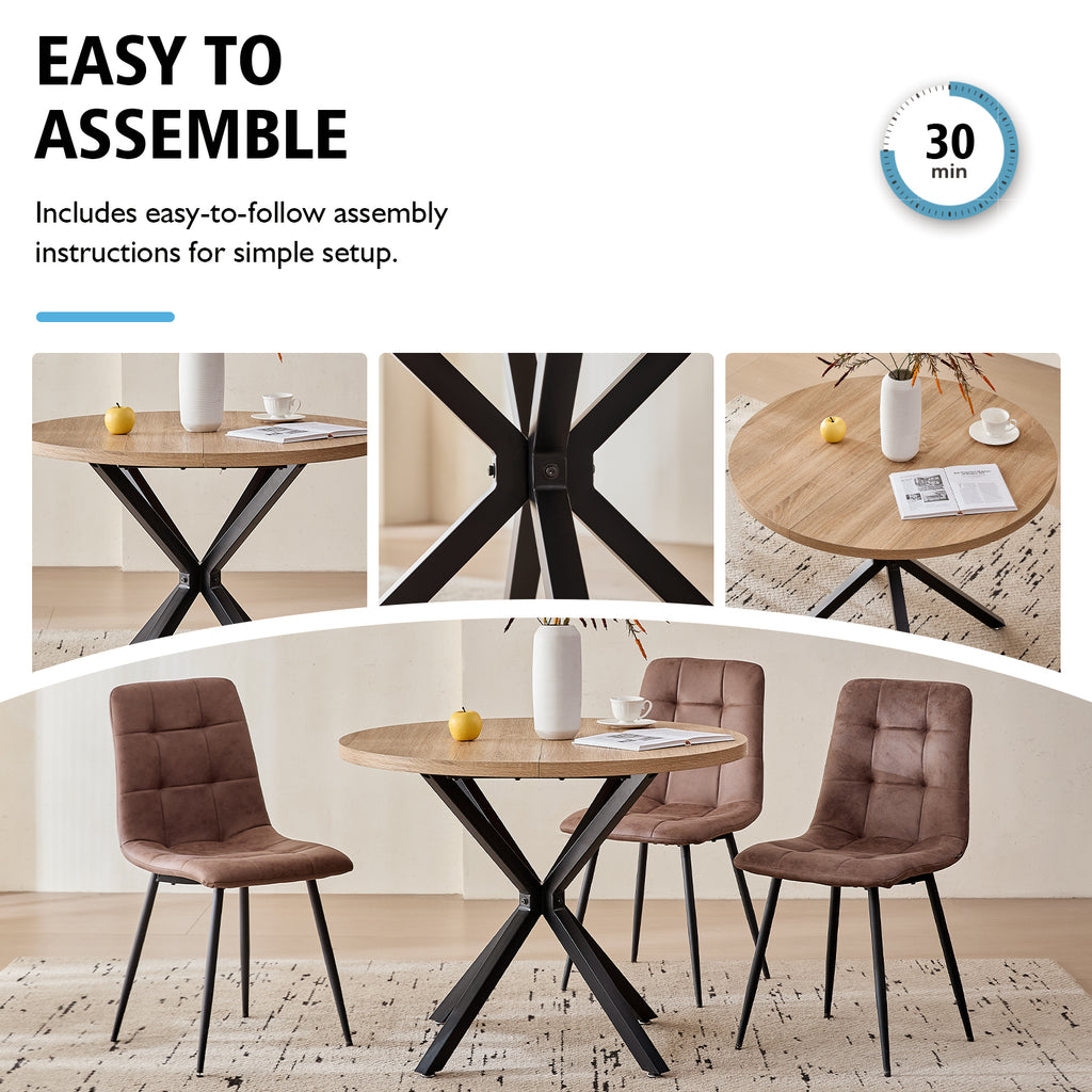 5 Pieces Round Dining Table Set - Mid-Century Oak Dining Table with 4 Brown Faux Leather Chairs Set, Coffee Table & Chairs with Black Metal Legs for Kitchen Dining Room, Apartment