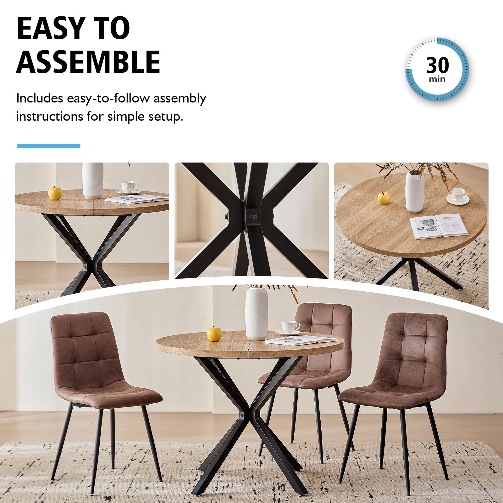 5 Pieces Round Dining Table Set - Mid-Century Oak Dining Table with 4 Brown Faux Leather Chairs Set, Coffee Table & Chairs with Black Metal Legs for Kitchen Dining Room, Apartment