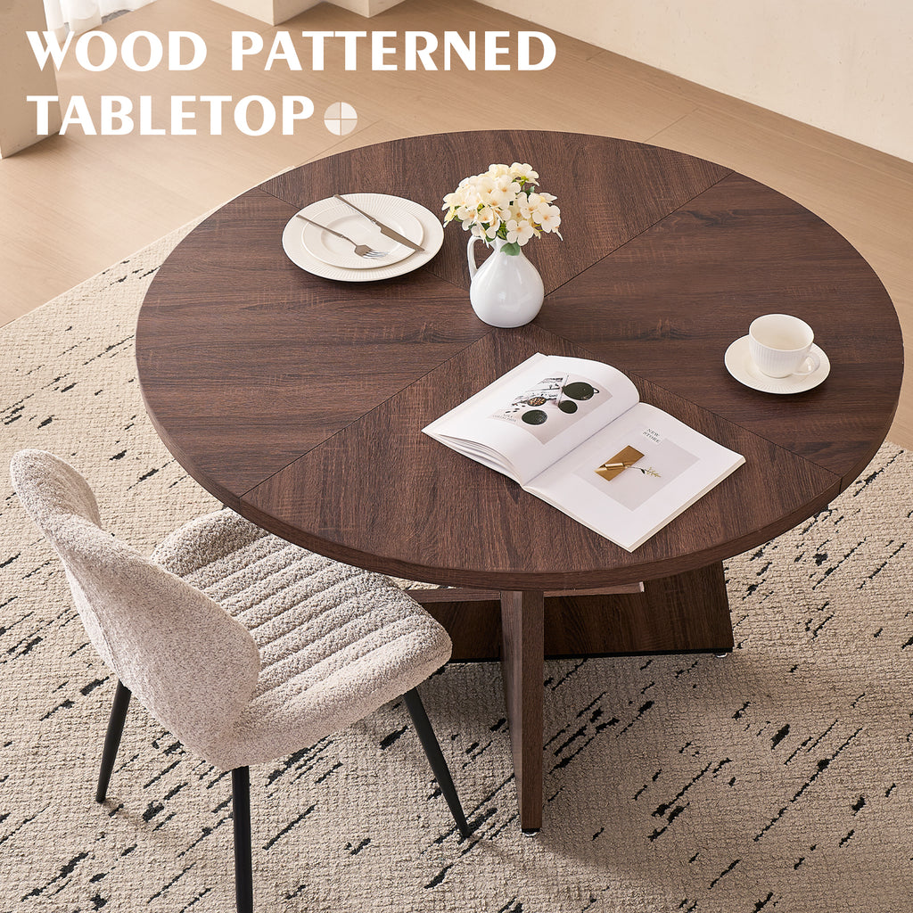 5 Piece 47'' Round Dining Table Chairs Set for 4, Farmhouse Oak Kitchen Table with 4 Scandi Mid Century Modern Dinning Room Chairs, Wood Dinner Table &Upholstered Fabric Chairs Set of 4, Beige