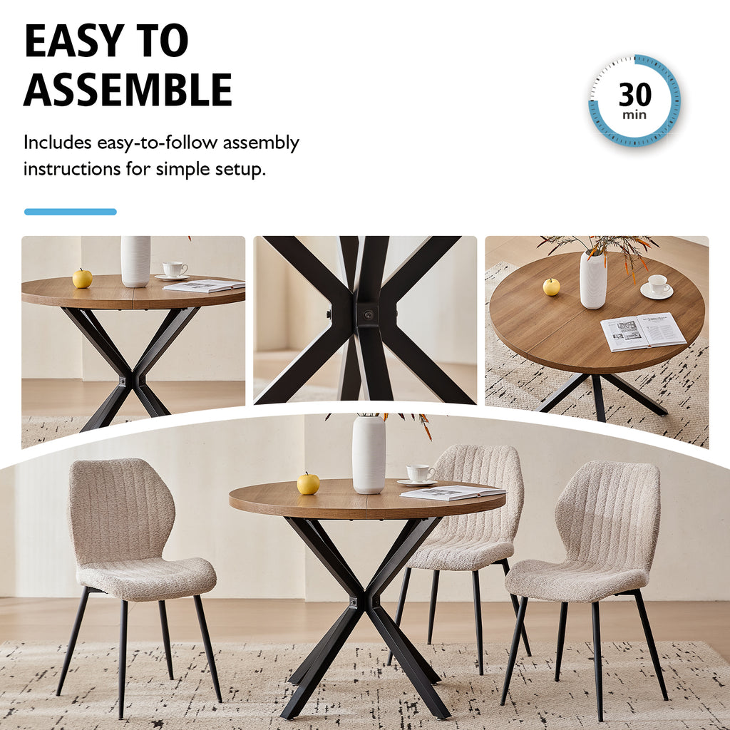 39" Round Dining Table Set for 4, Mid Century Kitchen Table with 4 Beige Upholstered Dining Chairs for Apartment Living Room Space Saving,Brown Table