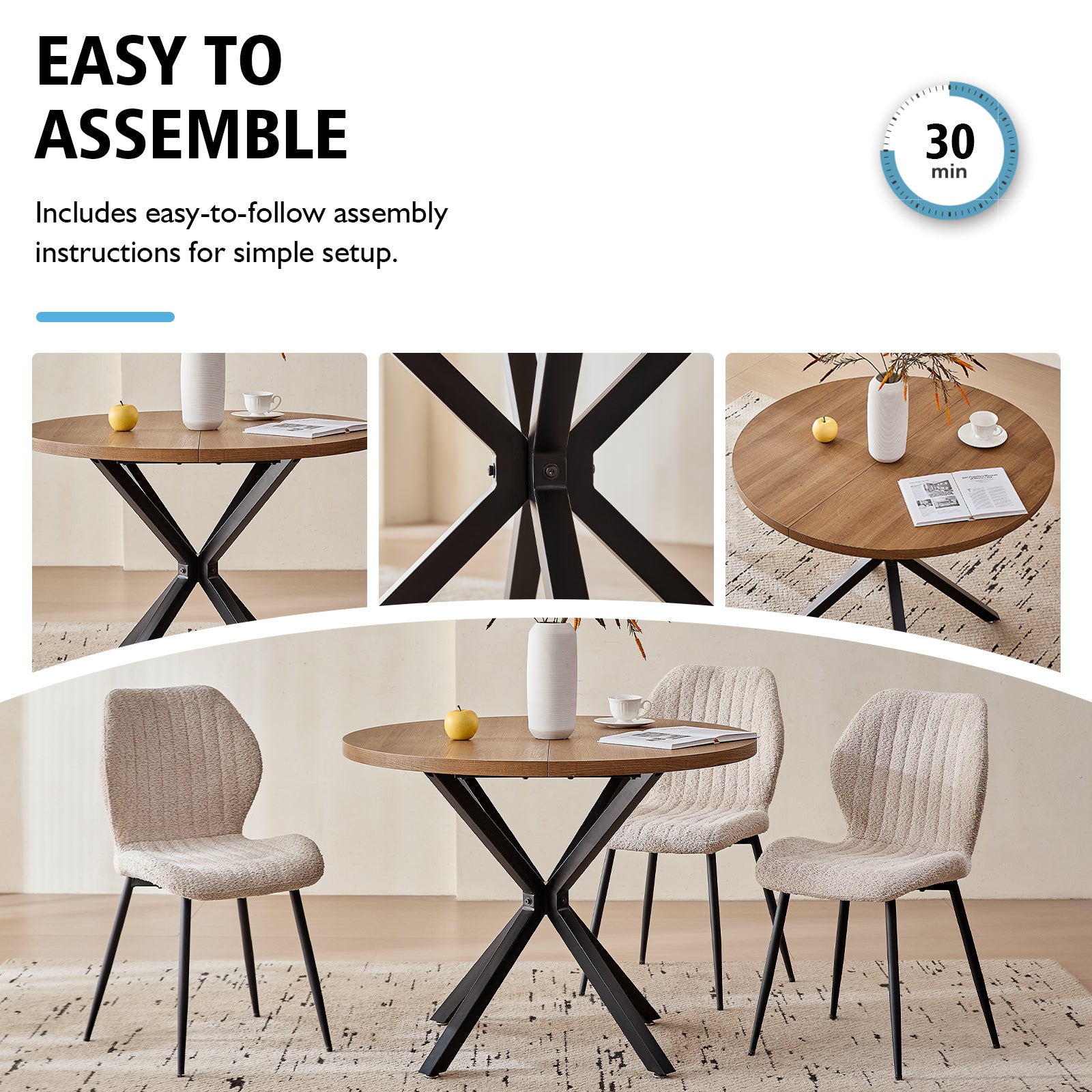 39" Round Dining Table Set for 4, Mid Century Kitchen Table with 4 Beige Upholstered Dining Chairs for Apartment Living Room Space Saving,Brown Table