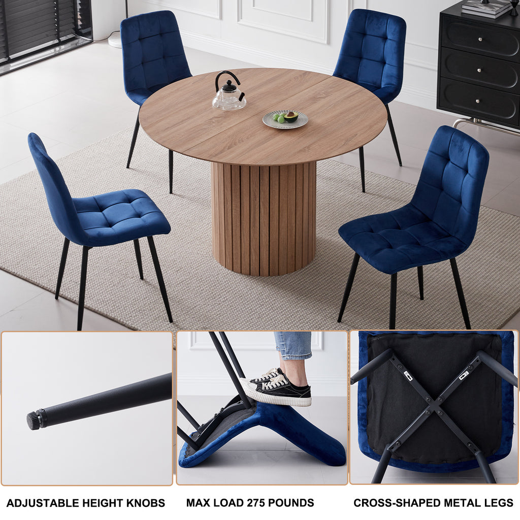 5 Piece Round Dining Table Set - Mid-Century 47 inch Oak Dining Table with 4 Blue Velvet Chairs Set, Dinner Table & Chair with Metal Legs for Kitchen Dining Room, Apartment, Bedroom