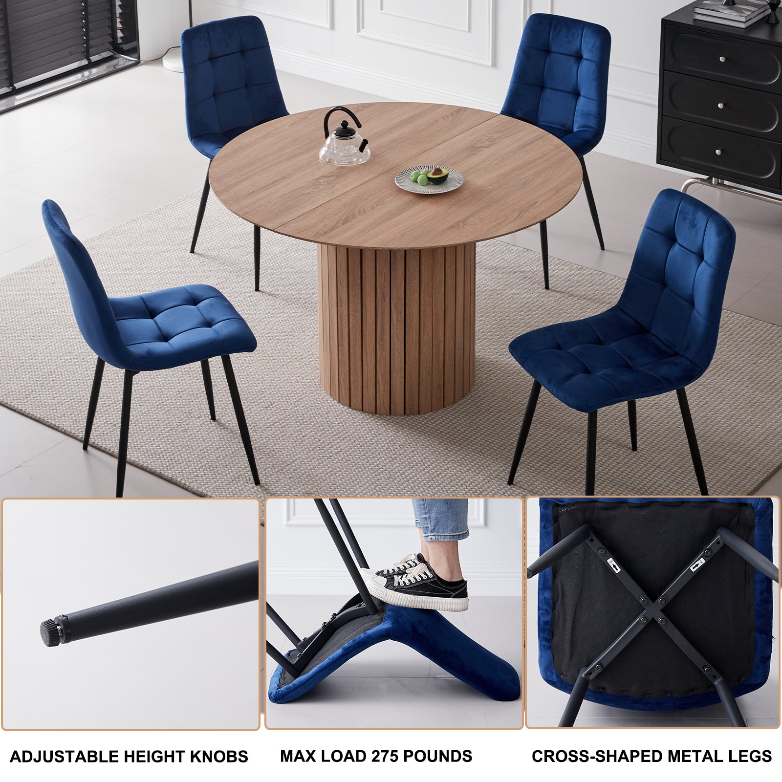 5 Piece Round Dining Table Set - Mid-Century 47 inch Oak Dining Table with 4 Blue Velvet Chairs Set, Dinner Table & Chair with Metal Legs for Kitchen Dining Room, Apartment, Bedroom