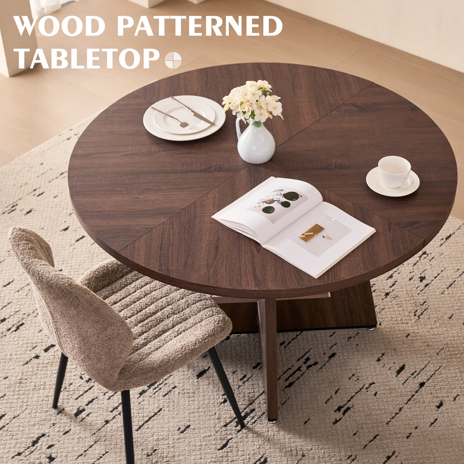 5 Piece 47'' Round Dining Table Chairs Set for 4, Farmhouse Oak Kitchen Table with 4 Scandi Mid Century Modern Dinning Room Chairs, Wood Dinner Table &Upholstered Fabric Chairs Set of 4, Brown