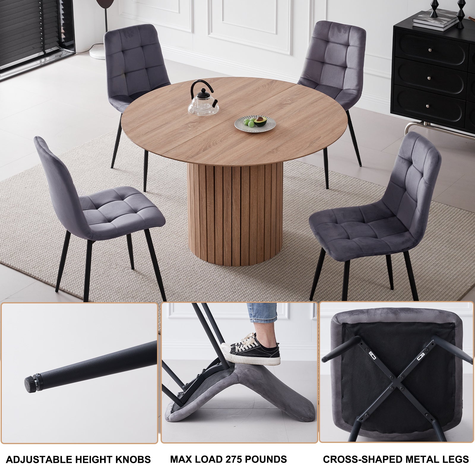 5 Piece Round Dining Table Set - Mid-Century 47 inch Oak Dining Table with 4 Gray Velvet Chairs Set, Dinner Table & Chair with Metal Legs for Kitchen Dining Room, Apartment, Bedroom