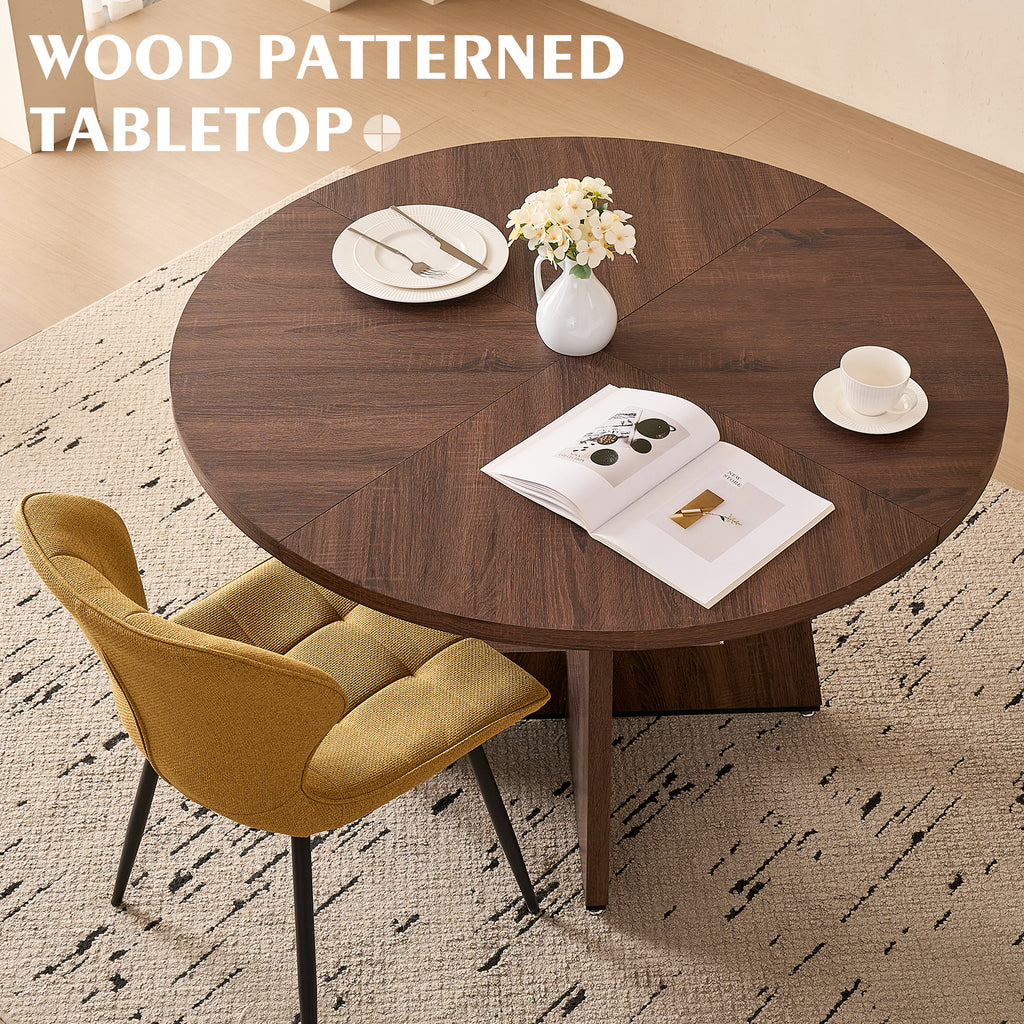 5 Piece 47'' Round Dining Table Chairs Set for 4, Farmhouse Walnut Kitchen Table and Chairs Mid Century Modern Wood Dining Table with 4 Water-Resistant Fabric Dining Chairs, Yellow