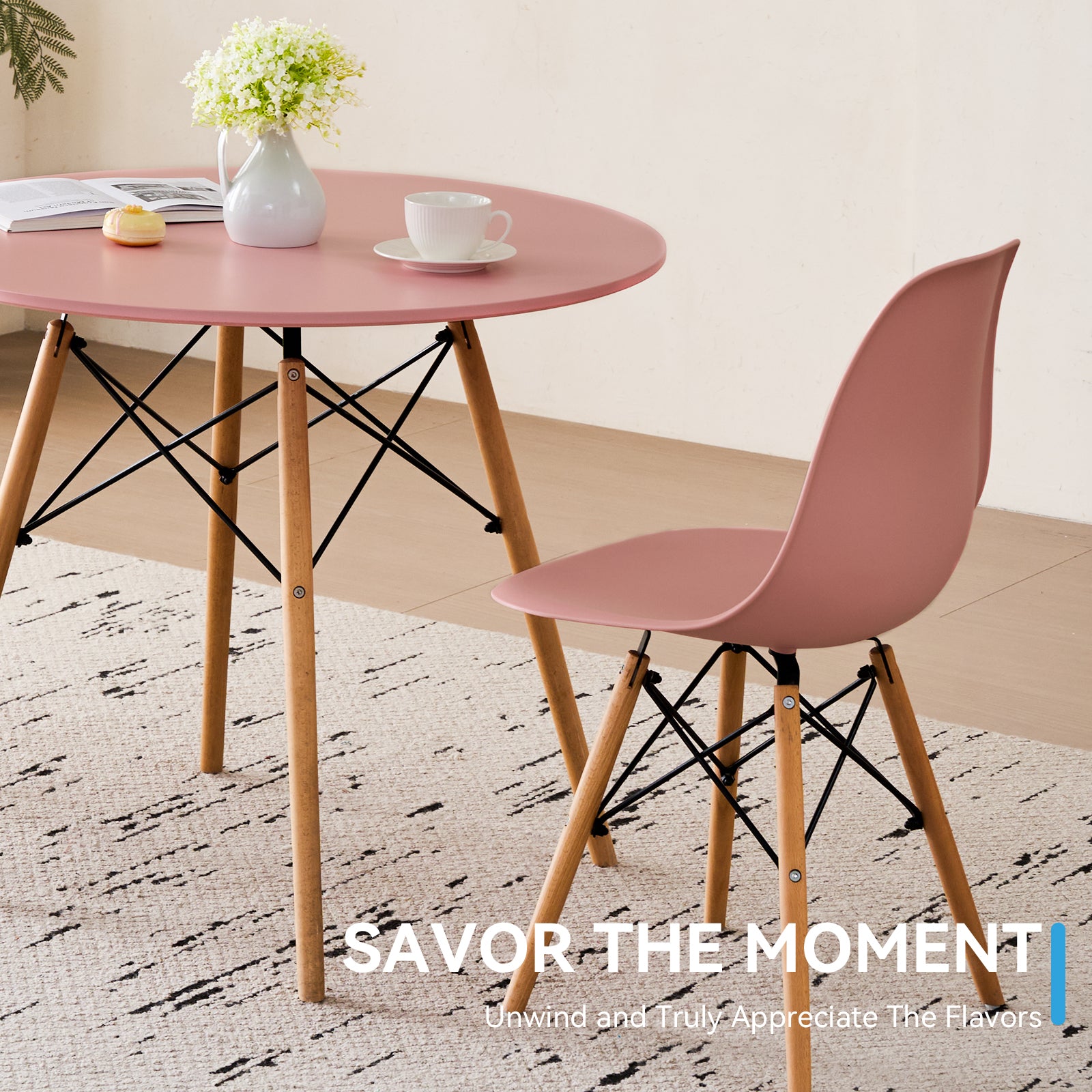 5-Piece 35.5'' Round Dining Table Set for 4, Kitchen Table Chair Set of 4, Mid-Century Modern Dinette Dining Room Table Set Dinner Table for 4 W/Solid Wood Legs, Pink