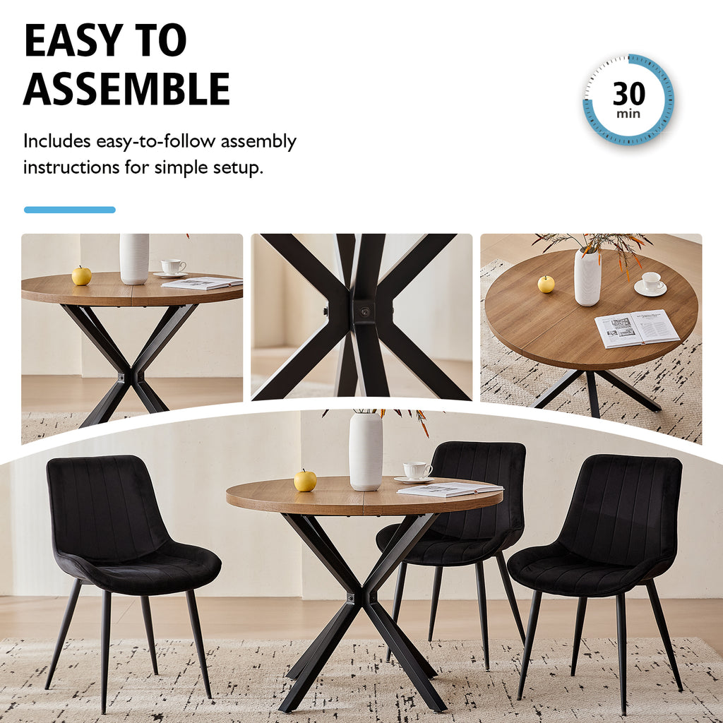 39" Round Dining Table Set for 4, Mid Century Kitchen Table with 4 Black Upholstered Dining Chairs for Apartment Living Room Space Saving,Brown Table