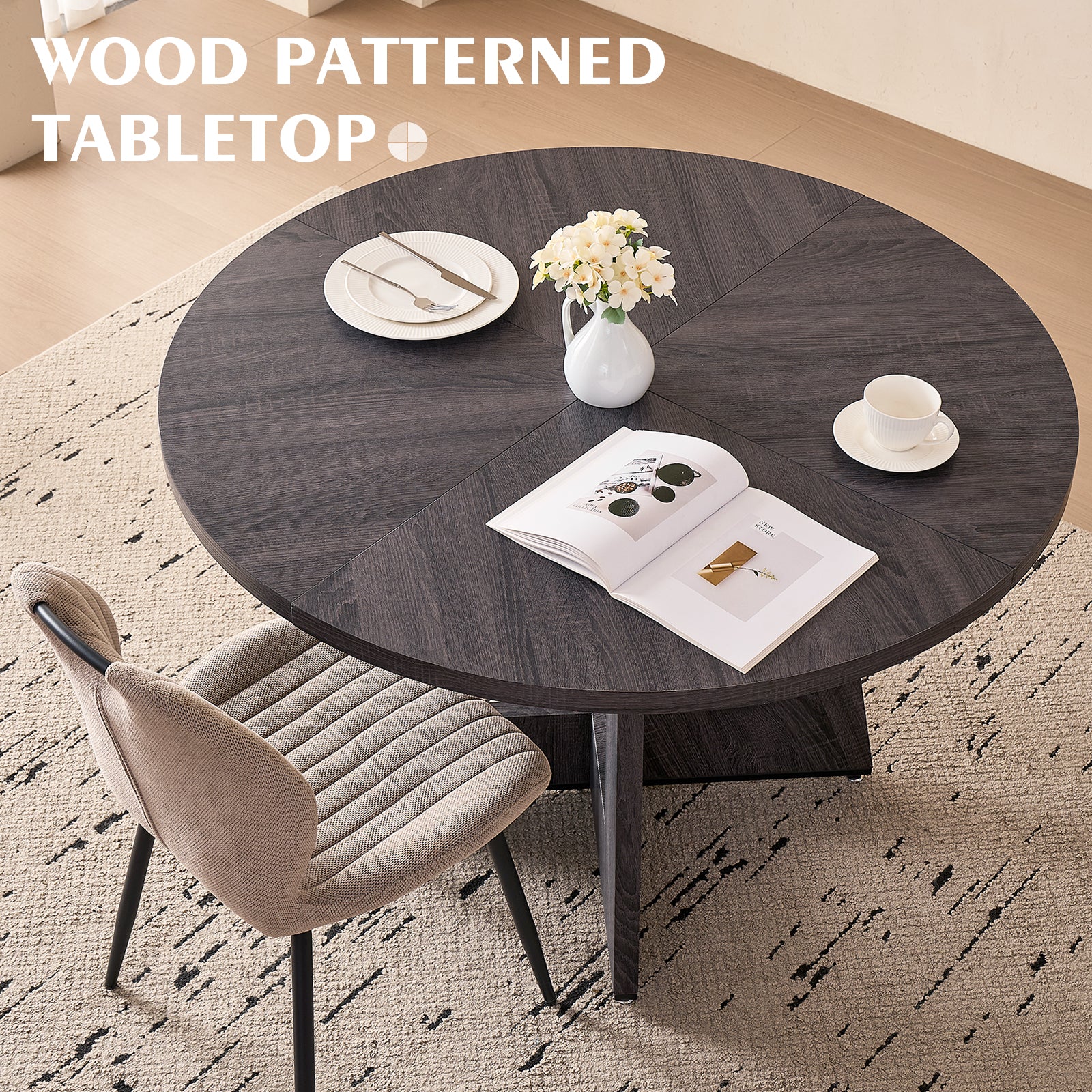 5 Piece 47'' Round Dining Table Chairs Set for 4, Farmhouse Kitchen Table with 4 Scandi Mid Century Modern Dinning Room Chairs, Wood Dinner Table &Upholstered Fabric Chairs Set of 4, Khaki