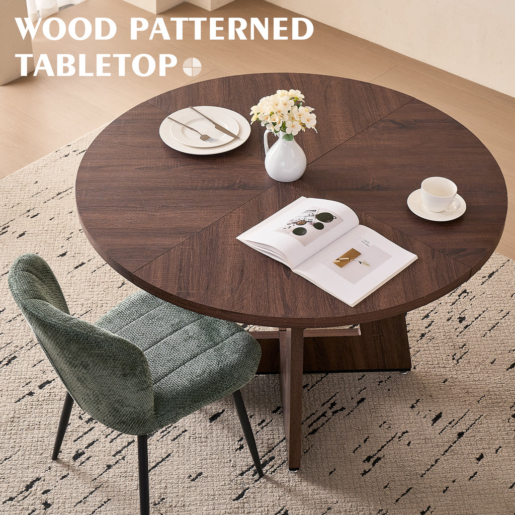 5 Piece 47" Round Dining Room Table Set for 4, [Fanned Base] [1.38" Thick Top] Wood Kitchen Table with 4 Green Chenille Dining Chairs