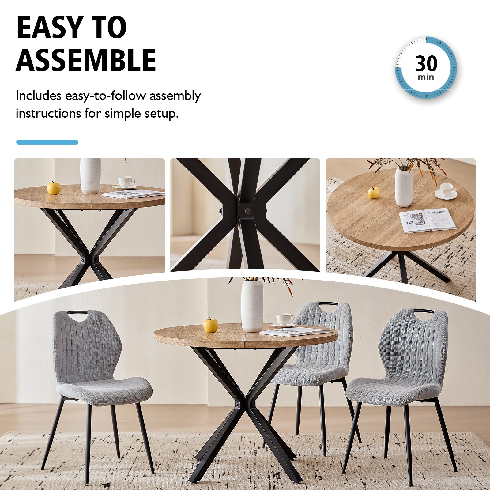 5 Piece 39" Round Dining Table Set for 4, Mid Century Kitchen Table with 4 Khaki Gray Upholstered Dining Chairs for Apartment Living Room, Space Saving Table.