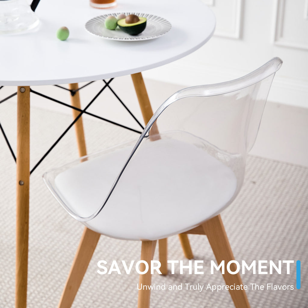 Small Round Dining Table Set for 4, 31.5" Kitchen Table & 4 Clear Acrylic Chairs for Restaurant Bedroom Living Room, Space Saving White Table Chair Set of 4