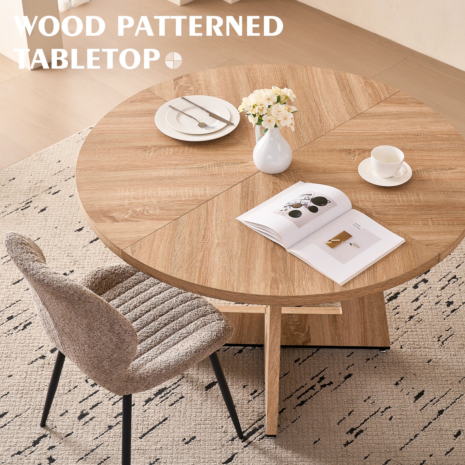 5 Piece 47'' Round Dining Table Chairs Set for 4, Farmhouse Oak Kitchen Table with 4 Boucle Mid Century Modern Dinning Room Chairs, Wood Dinner Table &Upholstered Chair Set of 4, Brown