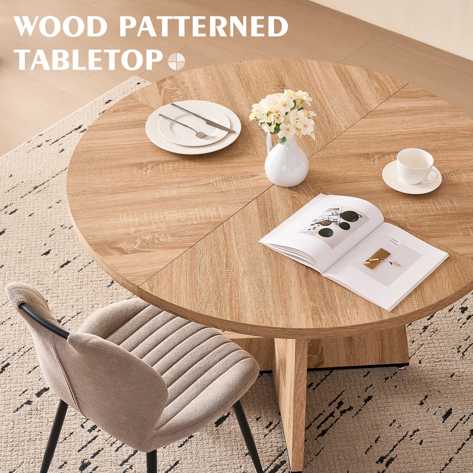 5 Piece 47'' Round Dining Table Chairs Set for 4, Farmhouse Oak Kitchen Table with 4 Scandi Mid Century Modern Dinning Room Chairs, Wood Dinner Table &Upholstered Fabric Chairs Set of 4, Khaki