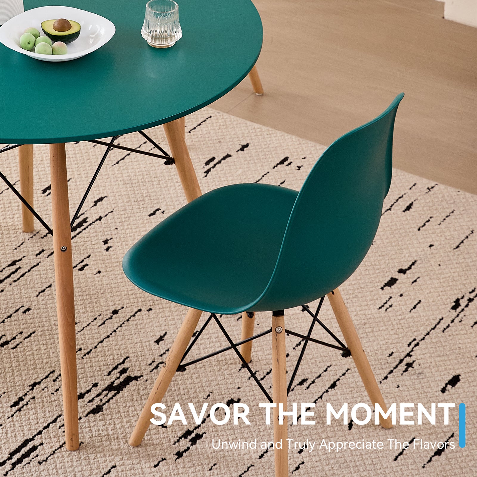5 Piece 35.5'' Round Dining Table Set for 4, Mid-Century Modern Table W/ 4 Chairs for Kitchen, Home, Living Room, Apartment, Wood Legs, Metal Frame, Plastic Seats, Green