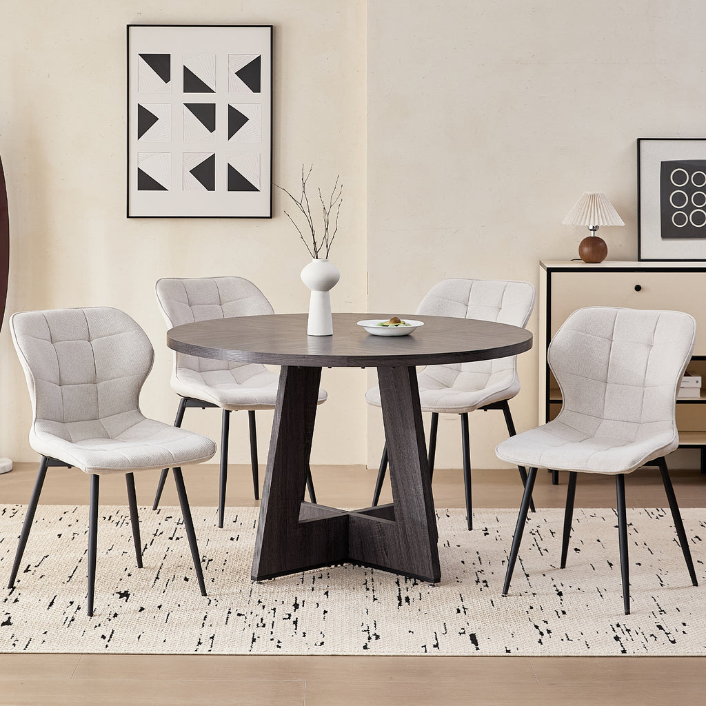 5 Piece 47'' Round Dining Table Chairs Set for 4, Farmhouse Grey Kitchen Table with Chairs Mid Century Modern Dinning Room Set Wood Kitchen Table with 4 Water-Resistant Fabric Dining Chairs, White