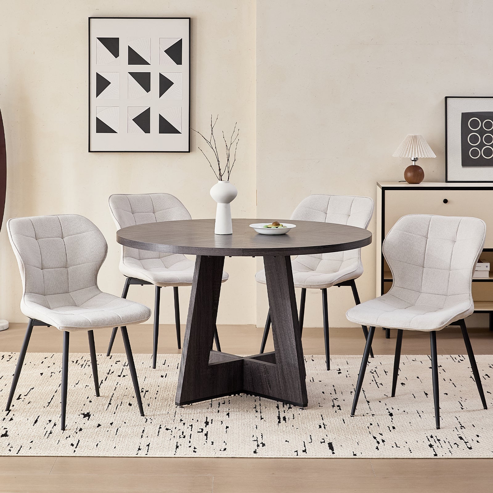 5 Piece 47'' Round Dining Table Chairs Set for 4, Farmhouse Grey Kitchen Table with Chairs Mid Century Modern Dinning Room Set Wood Kitchen Table with 4 Water-Resistant Fabric Dining Chairs, White