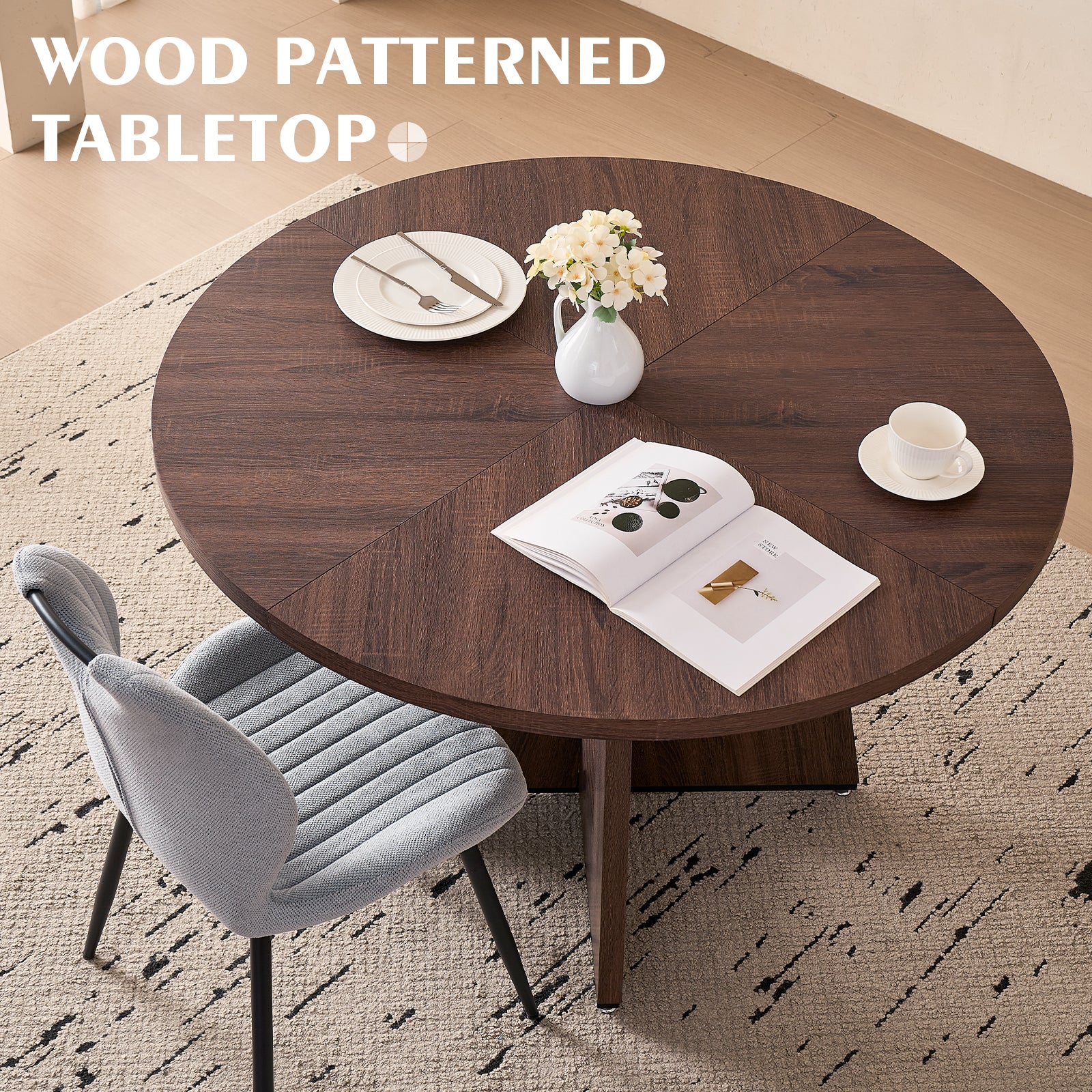 5 Piece 47'' Round Dining Table Chairs Set for 4, Farmhouse Walnut Kitchen Table with 4 Scandi Mid Century Modern Dinning Room Chairs, Wood Dinner Table &Upholstered Fabric Chairs Set of 4, Grey